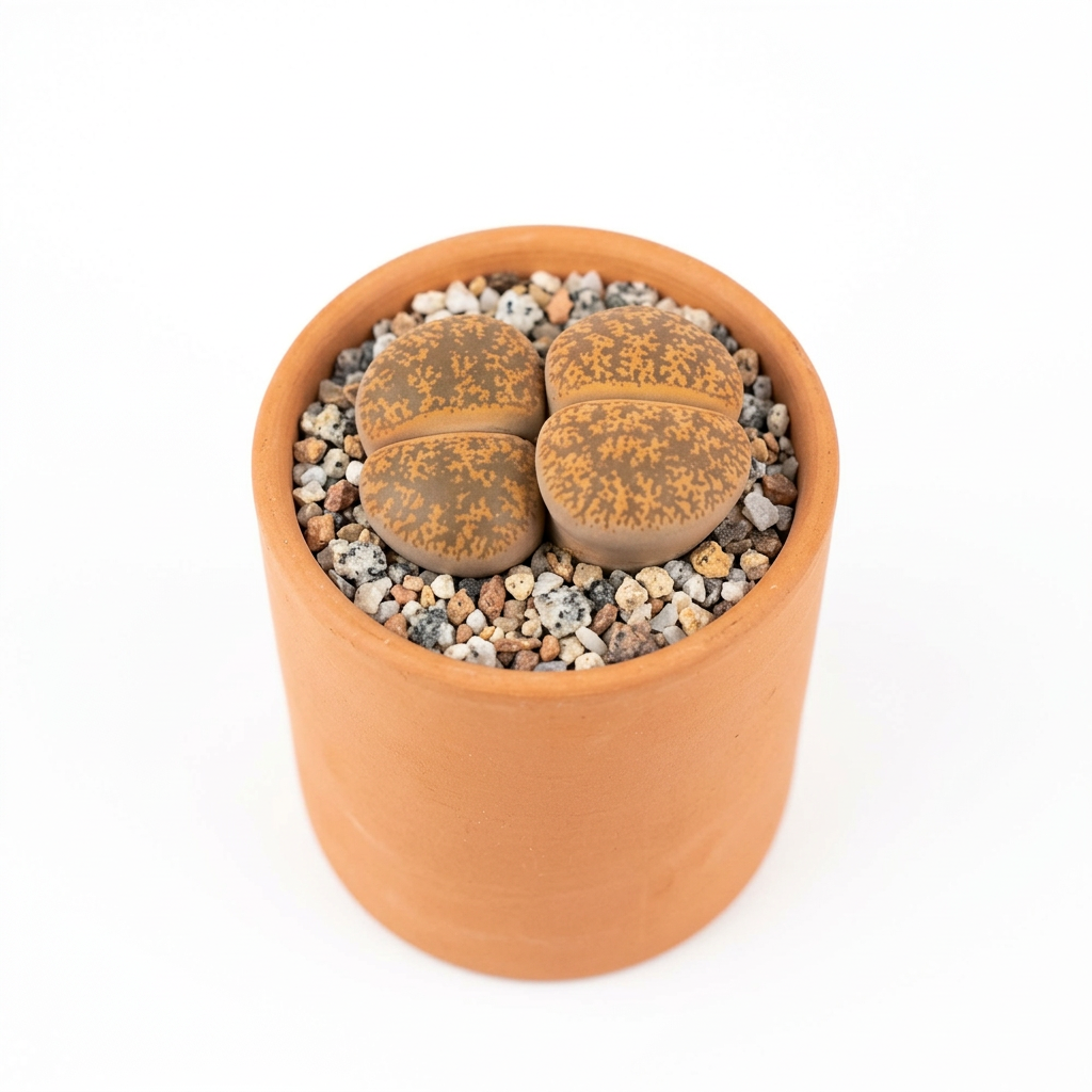 Close-up of patterned Lithops lesliei heads in a terracotta pot; terracotta pot sold separately