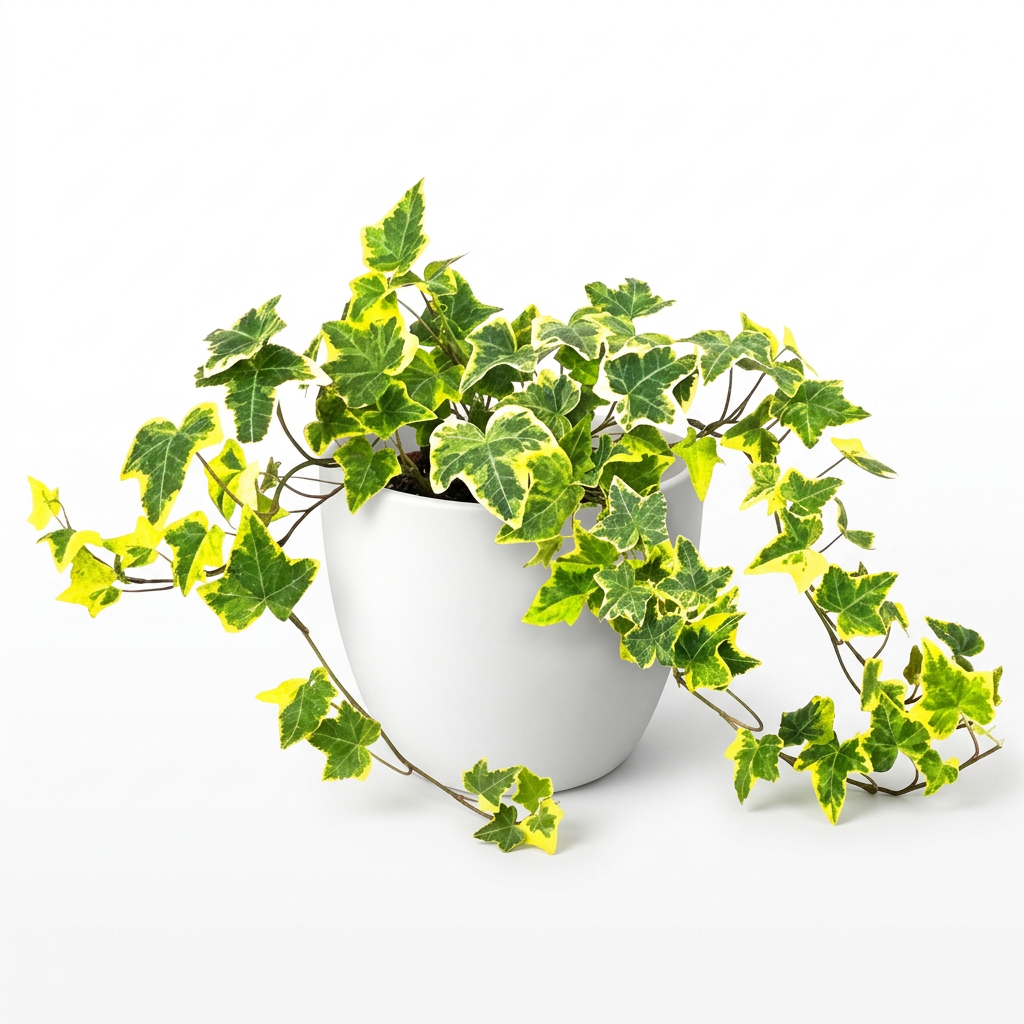 Gold Child English Ivy styled in a white six-inch BASEL planter on white; plant and decorative planter sold separately.