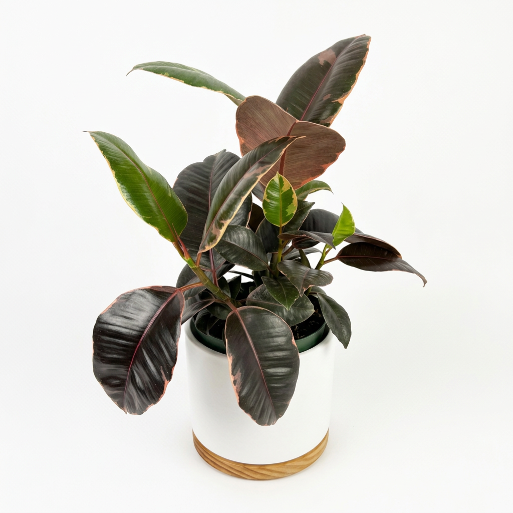 Ficus Decora Ruby styled in a white OSLO decorative planter with wooden base, sold separately