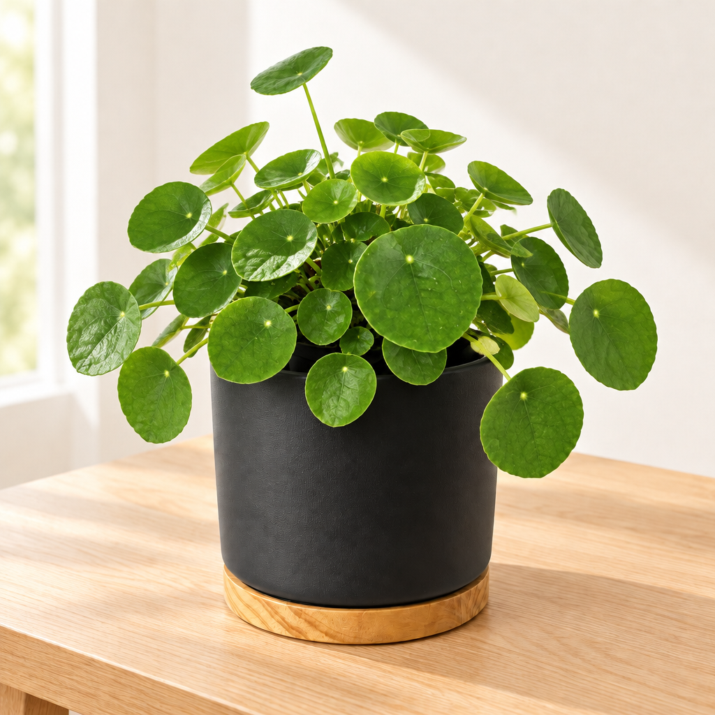 Black Oslo 6-inch planter with wood-grain base, styled with lush Chinese money plant foliage; plant not included