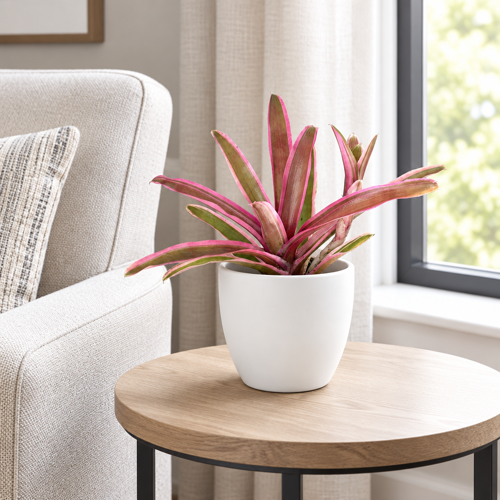 Neoregelia Donger styled in separately sold white Basel planter on indoor side table
