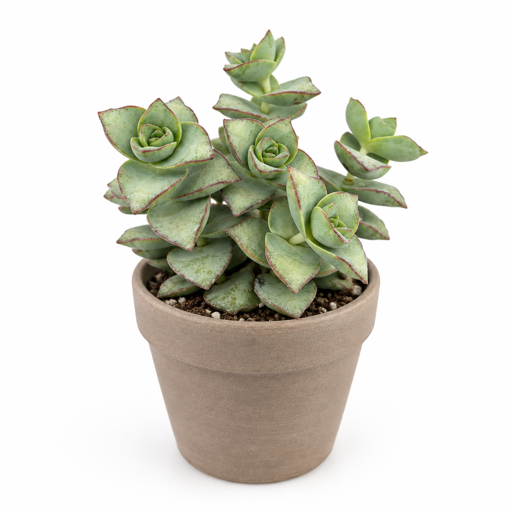 Ivory Pagoda Crassula perforata in a taupe clay pot, with upright layered blue-green leaves and red edges