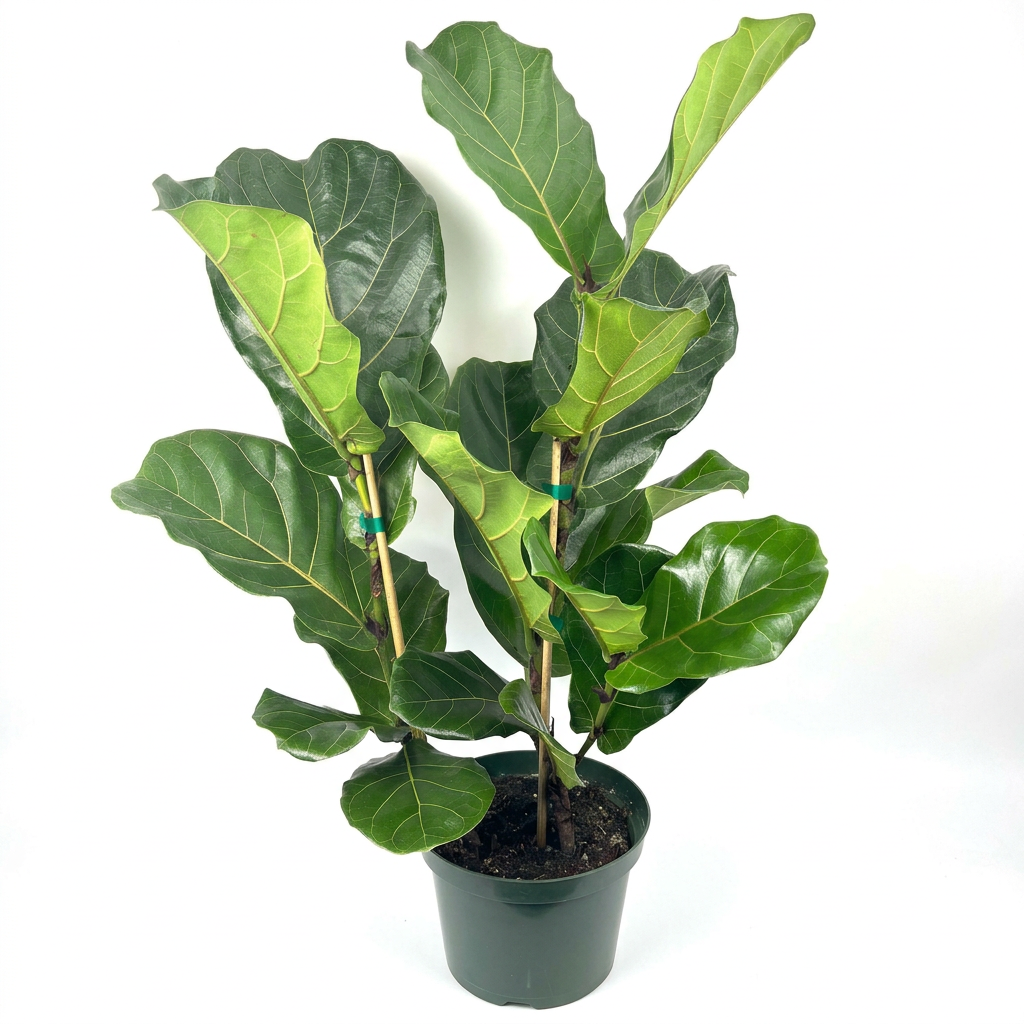 Ficus lyrata bush with broad fiddle-shaped leaves and bamboo supports in an 8-inch nursery pot on a white studio background