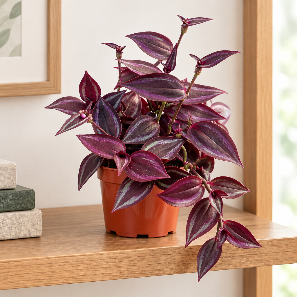Tradescantia Red Gem in its 4-inch nursery pot on a bright living room shelf