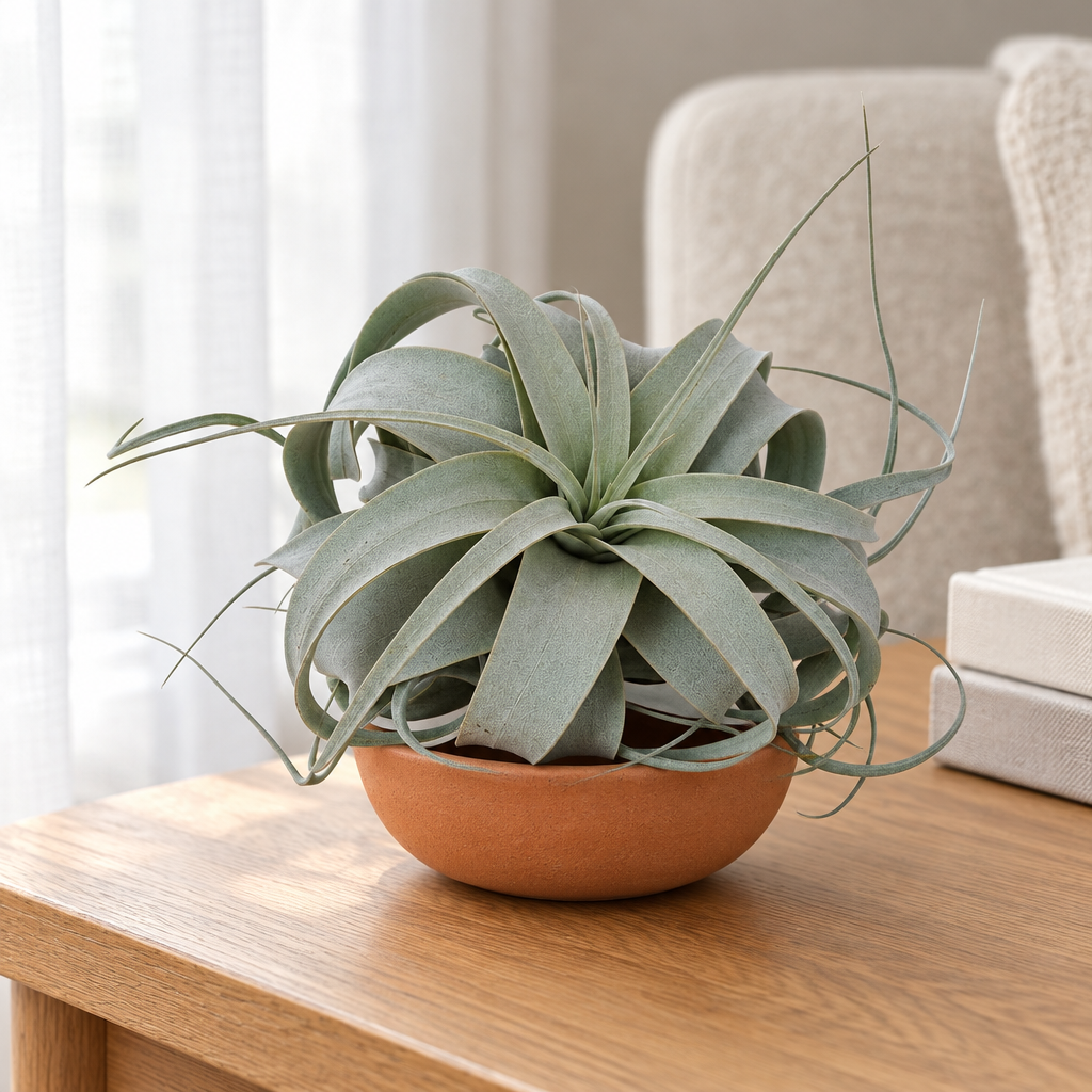 Tillandsia Xerographica styled in a terracotta bowl on an oak side table beside a window; bowl not included