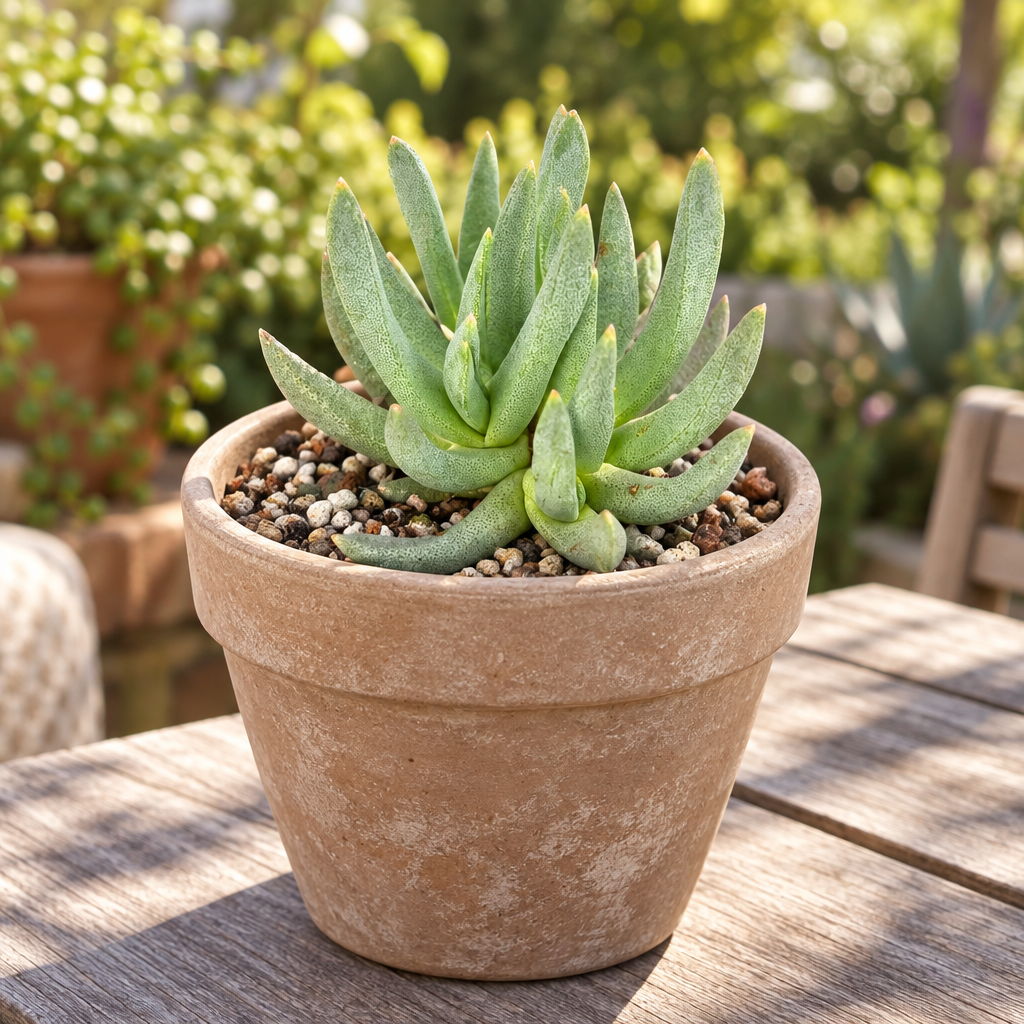 Ebracteola wilmaniae in taupe terracotta on an outdoor patio table