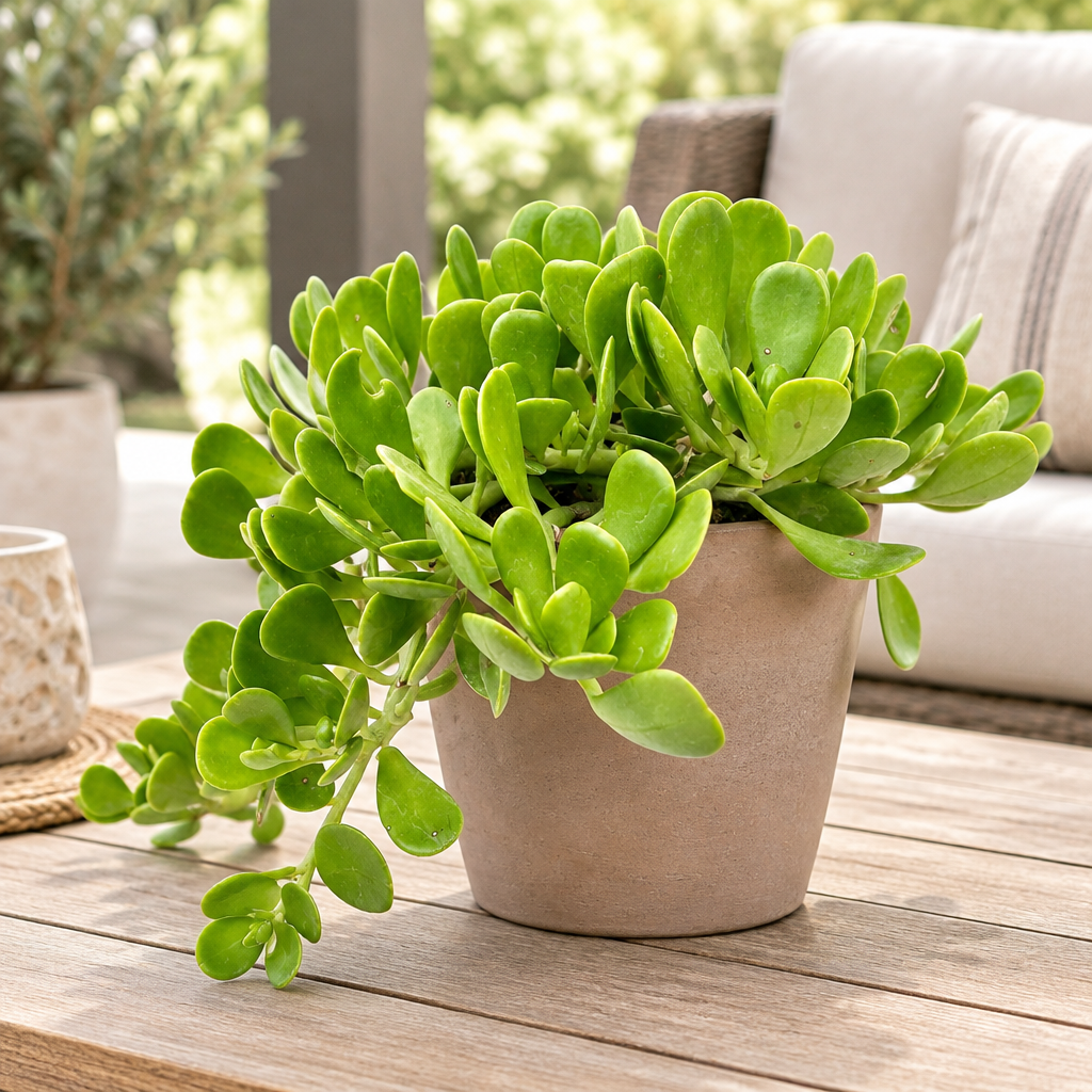 Purple Trailing Jade in taupe terracotta on a sheltered patio, with trailing green stems