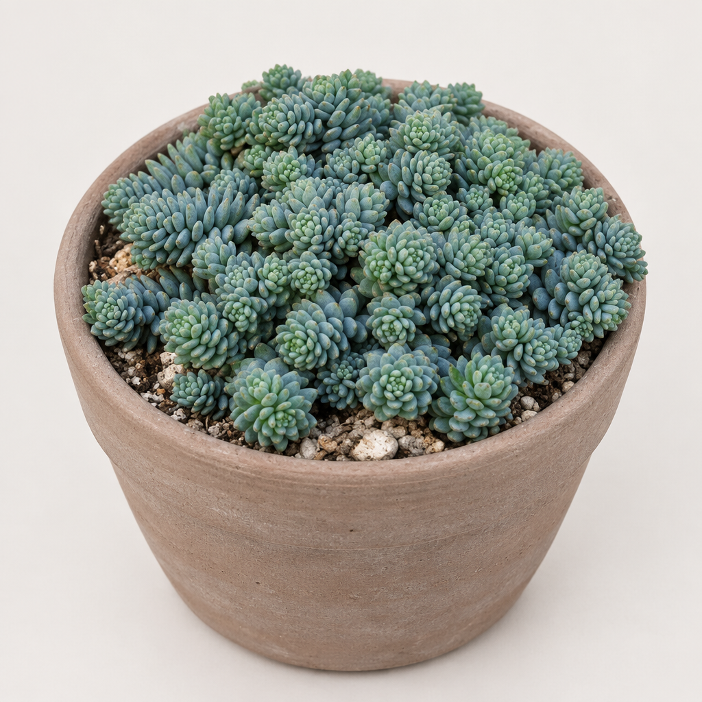 Blue Tear Sedum cluster styled in a taupe terracotta pot, decorative pot not included