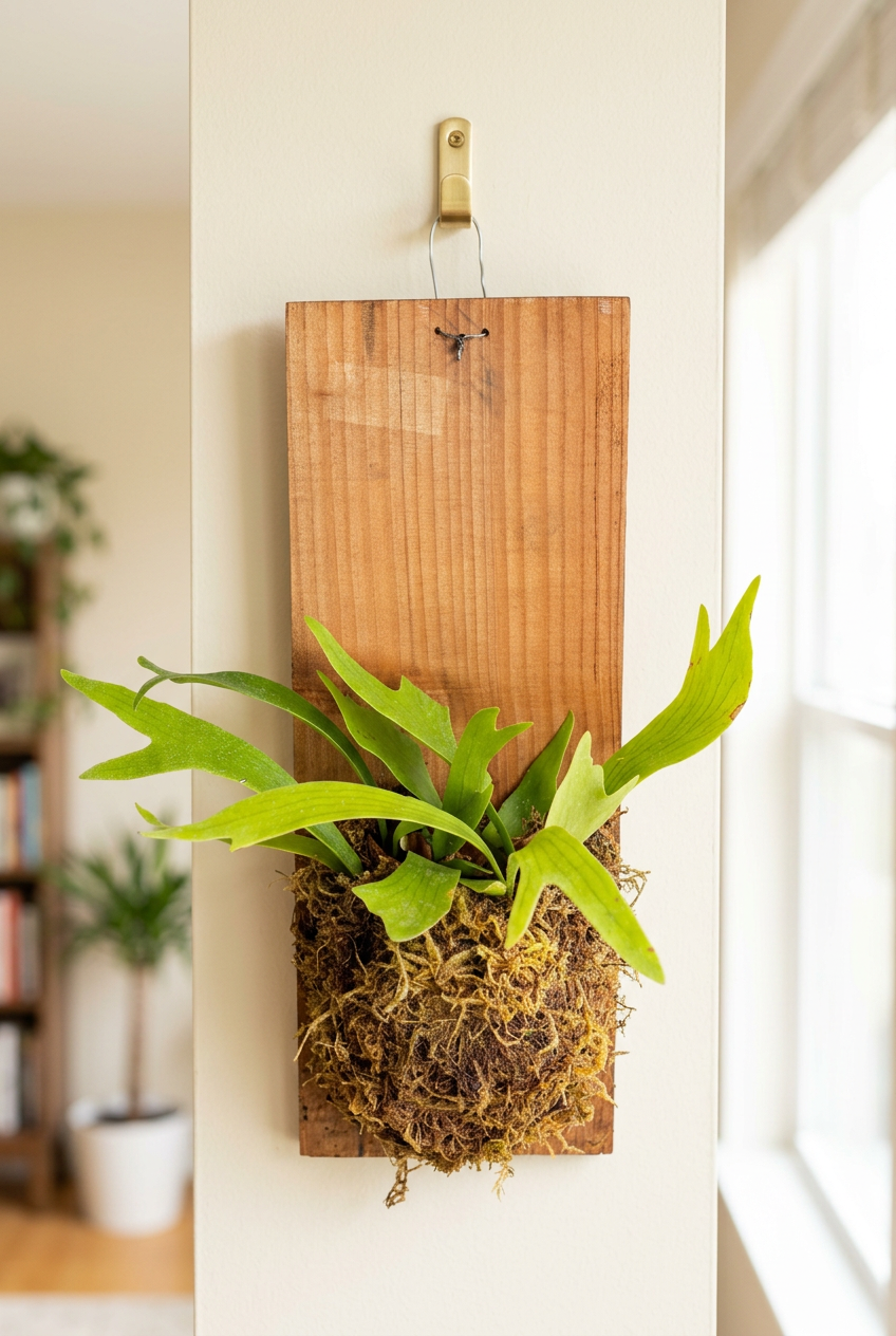 Staghorn fern on a 6 × 16-inch wood plank hung by wire from a wall hook beside a bright indoor window; room hardware and furnishings not included.