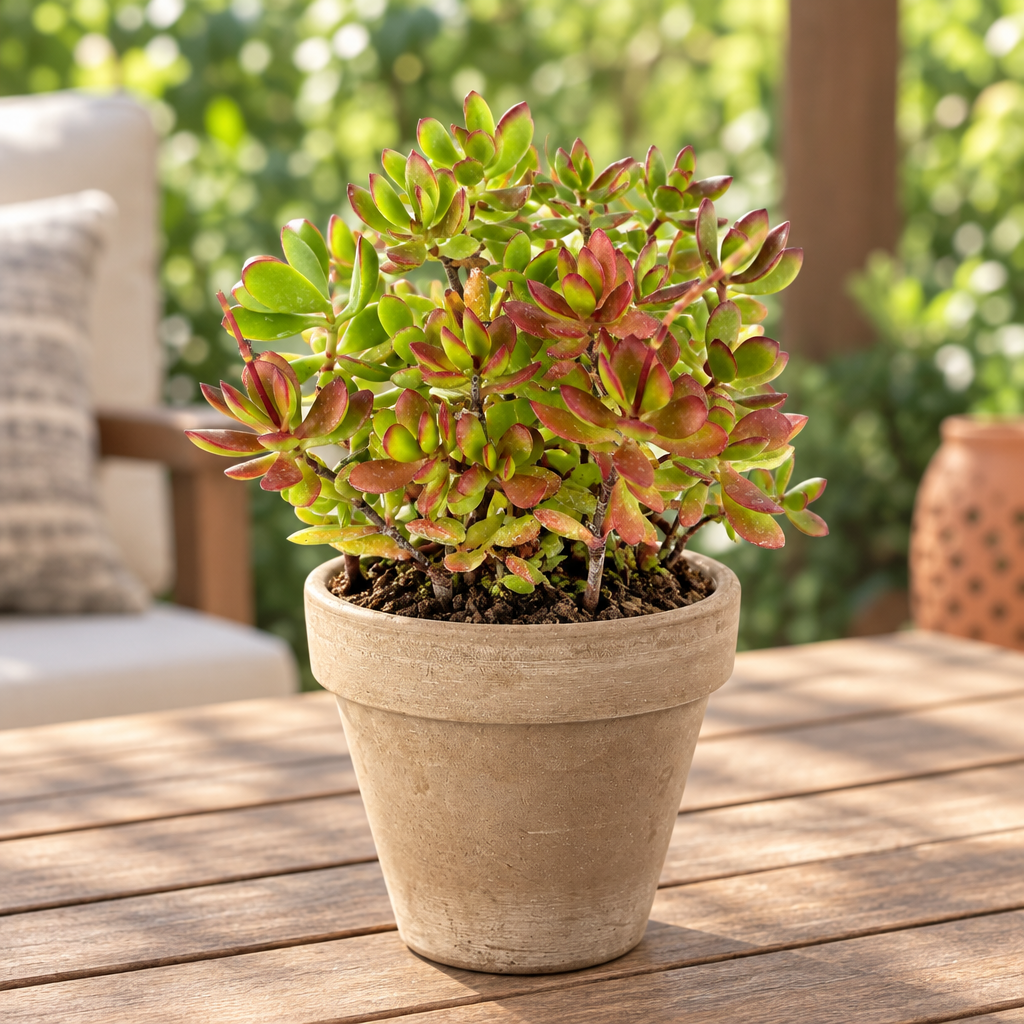 Crassula Red Carpet succulent in muted taupe terracotta on a sheltered patio with sunlit green and red leaves