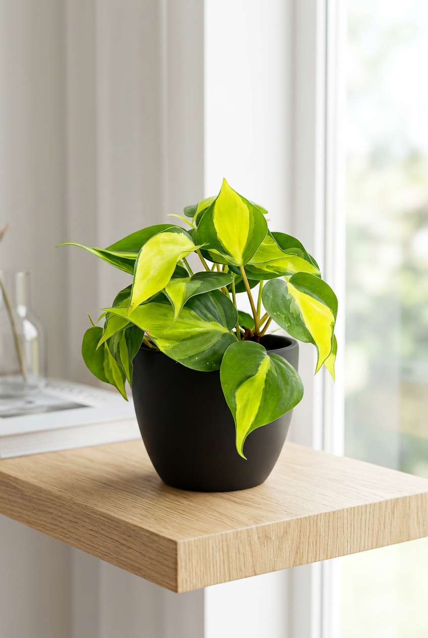 Philodendron Brasil in a black BASEL planter on a wooden shelf beside a bright indoor window; decorative planter sold separately.