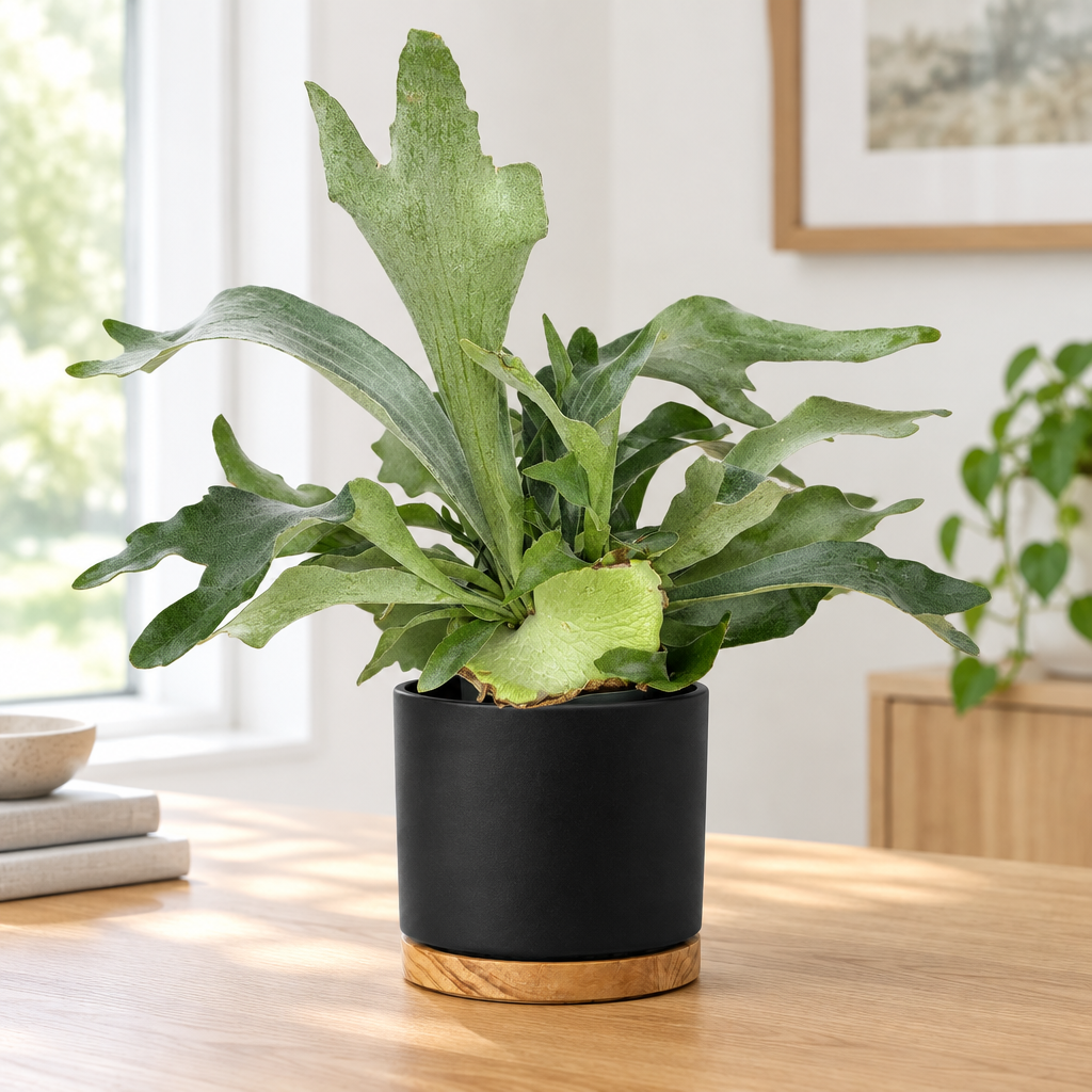 Netherlands staghorn fern styled in separately sold black Oslo planter with wood-grain base