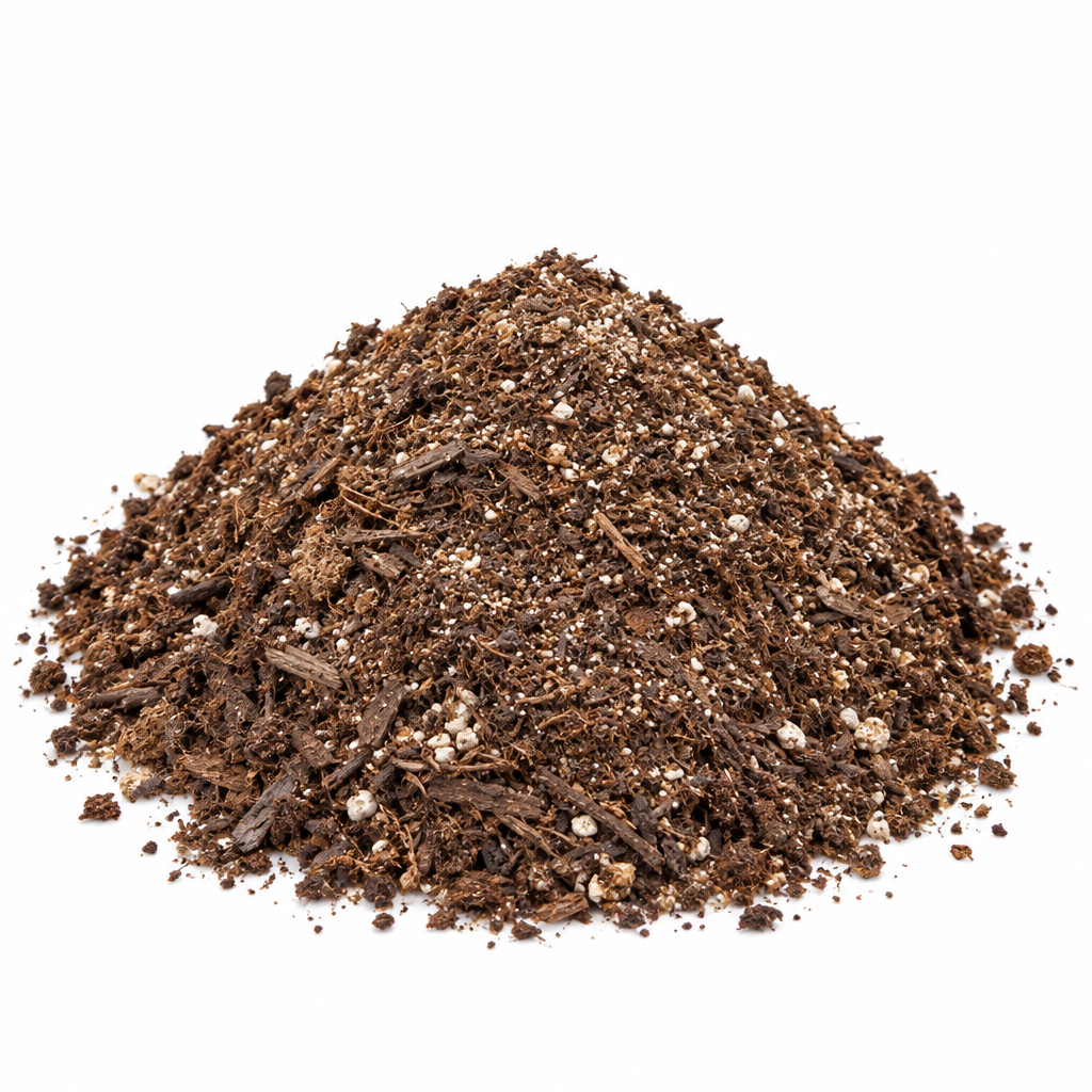 Rich houseplant soil blend piled on a white studio background, showing brown organic fibers and small mineral particles