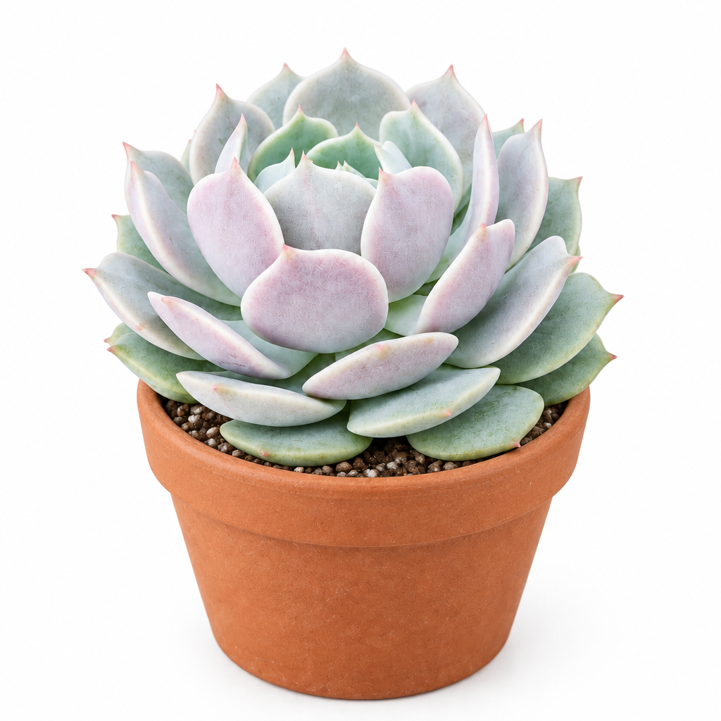 Echeveria Lola succulent directly planted in a warm terracotta pot on a white background
