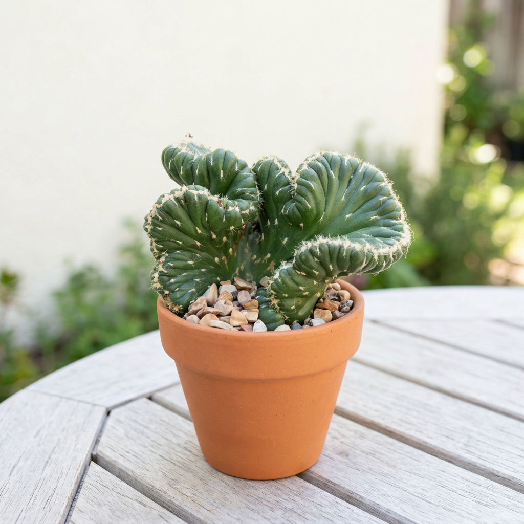 Emerald Idol crested cactus styled on a bright outdoor patio in a terracotta pot; decorative pot sold separately