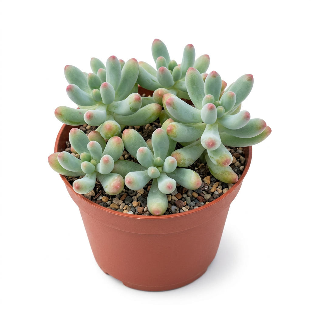 Pink Jellybean Sedum pachyphyllum with plump blue-green leaves and pink tips in a 4-inch nursery pot on white