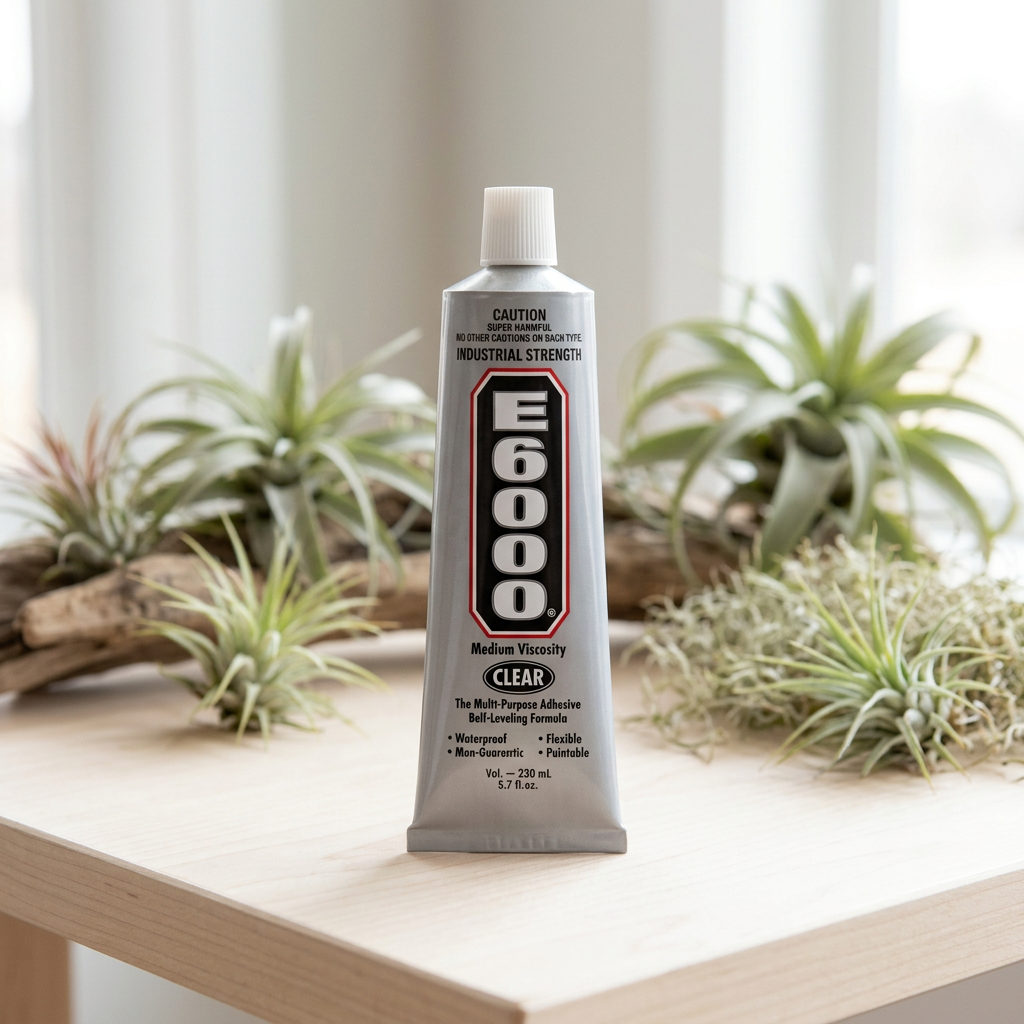 Large E6000 clear adhesive tube styled with a Tillandsia air plant and driftwood; plant and mounting materials sold separately.