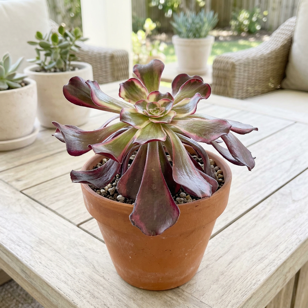 Aeonium Medusa on a sheltered patio in a terracotta pot; pot sold separately