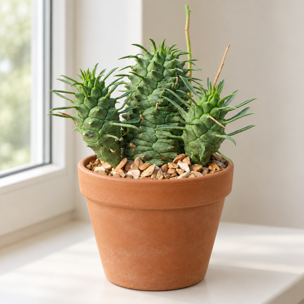 Euphorbia spiralis in a terracotta pot on a bright indoor windowsill