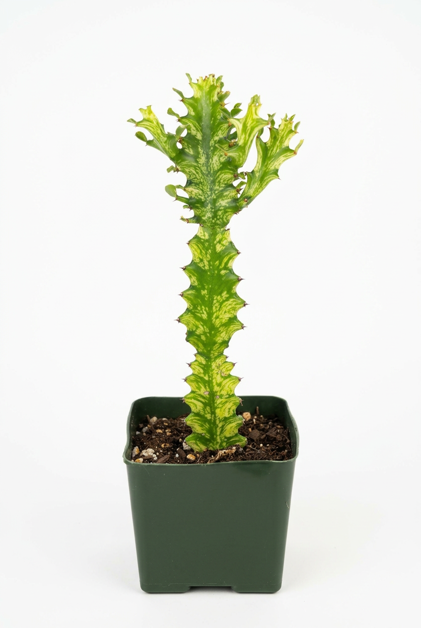 Variegated Euphorbia with upright green-and-cream ridged stems in a square green 5-inch nursery pot on white.