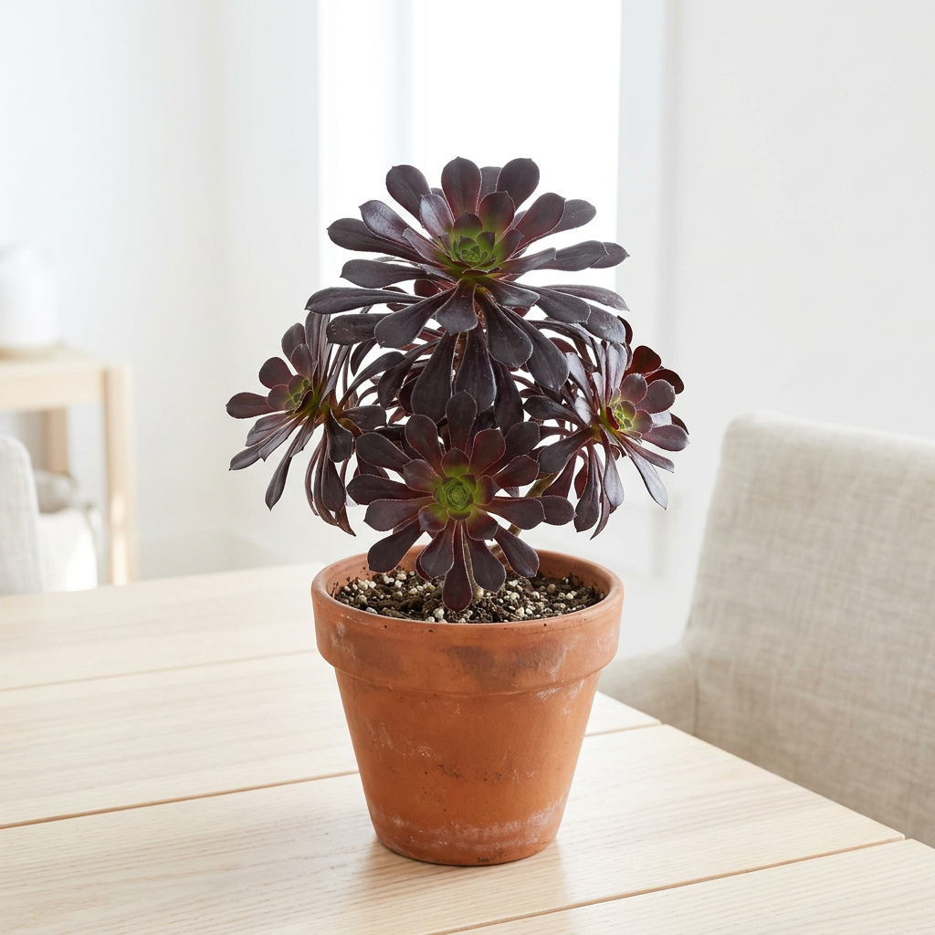 Aeonium Zwartkop Black Rose styled near a bright indoor window in a terracotta pot; decorative pot sold separately