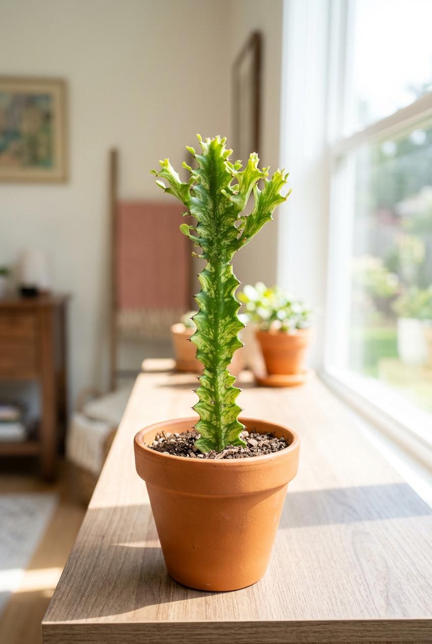 Variegated Euphorbia in terracotta on a wooden console beside a bright indoor window; decorative pot sold separately.