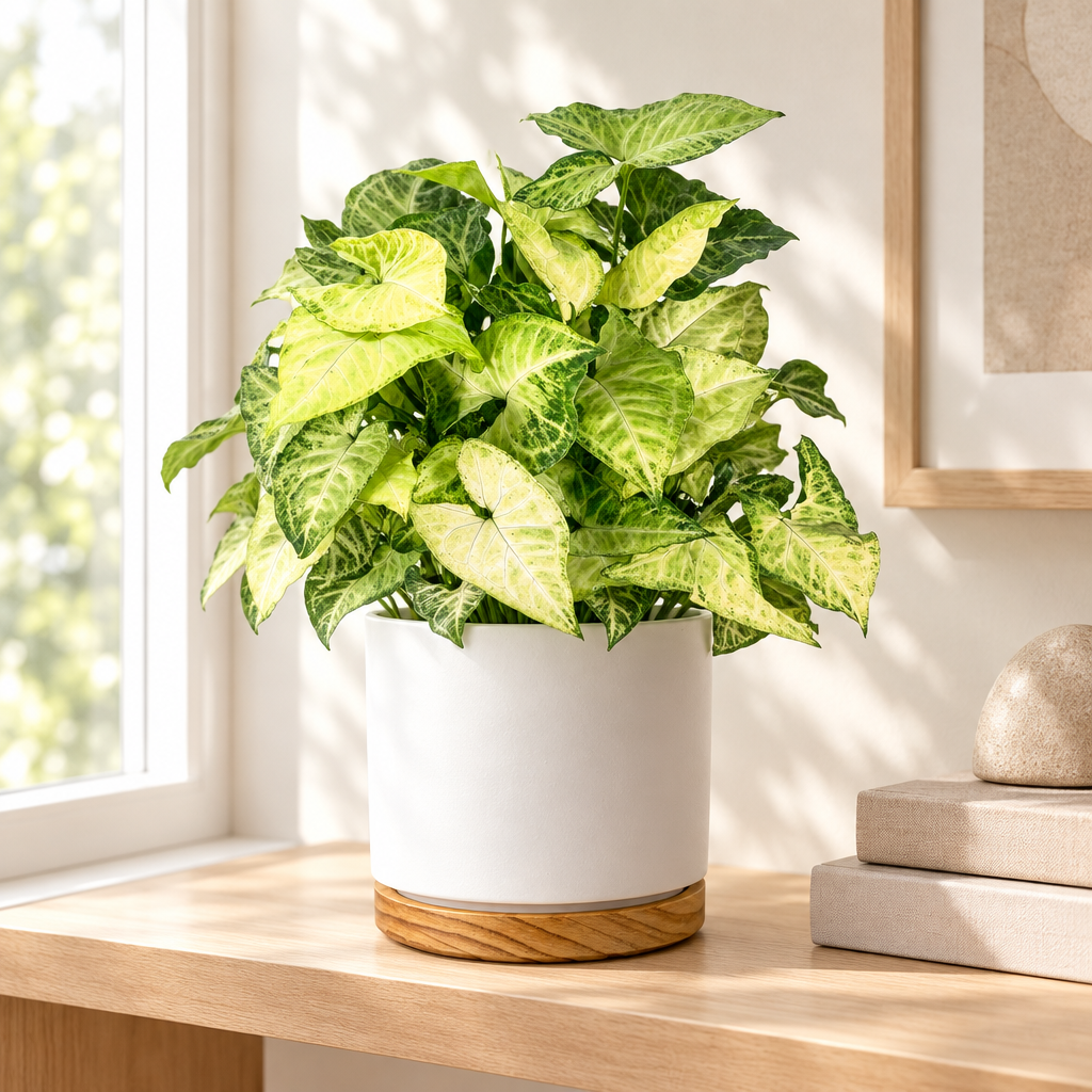 Syngonium White Butterfly in an Oslo planter styled on a bright indoor shelf