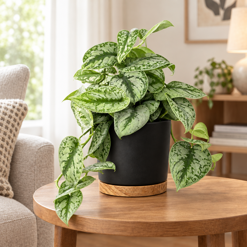 Silver Splash pothos styled in separately sold black Oslo planter with wood-grain base