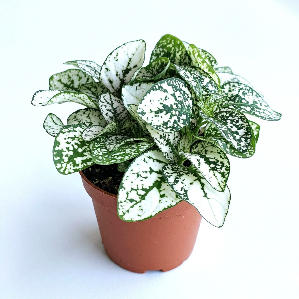 Hypoestes White Splash with white and green speckled leaves in a brown 3.5-inch nursery grow pot on a white studio background; plant size and fullness vary