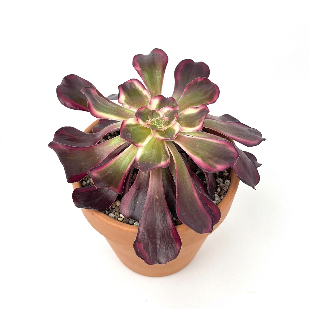 Aeonium Medusa styled in a classic terracotta pot on white; terracotta pot sold separately