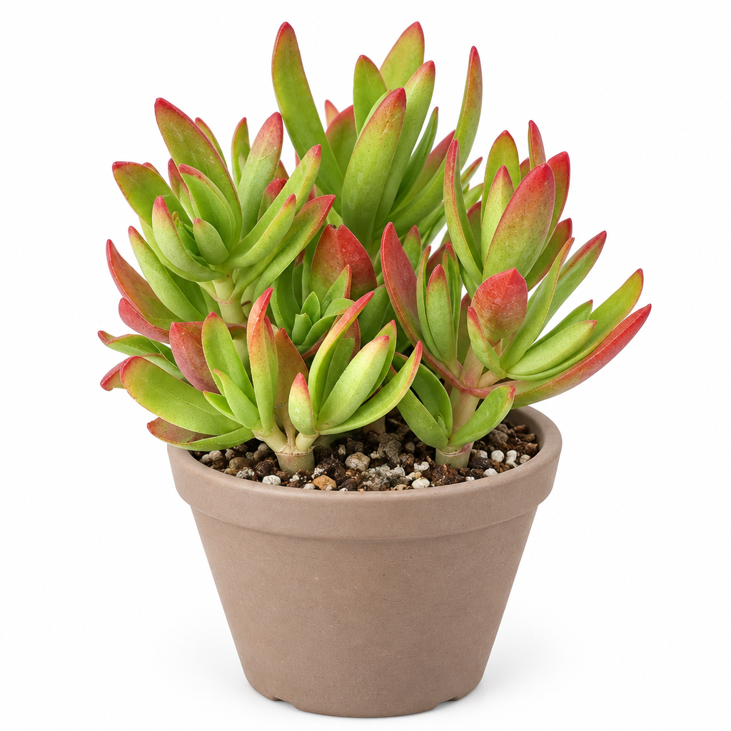 Green and red Campfire Crassula in taupe terracotta pot; decorative pot not included