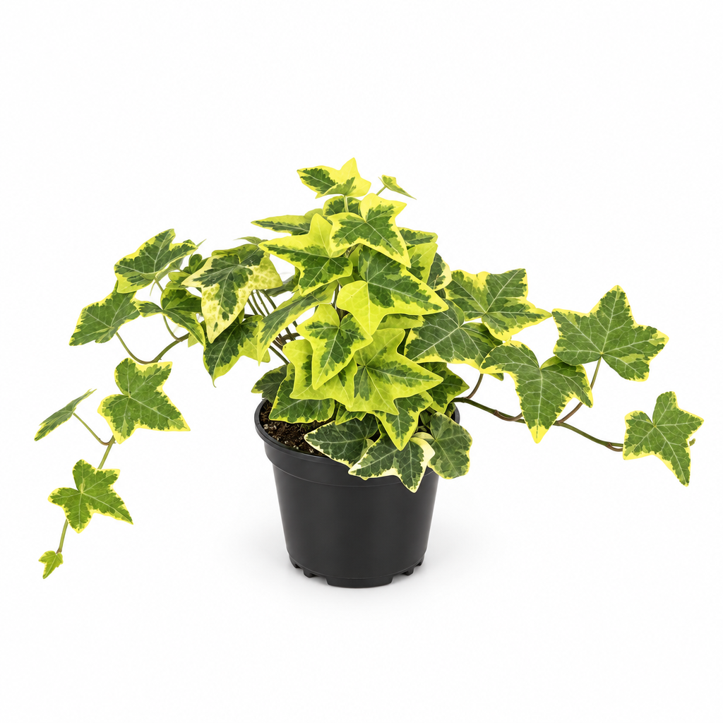 Gold Child English ivy with green and gold leaves in black 4-inch nursery pot on white