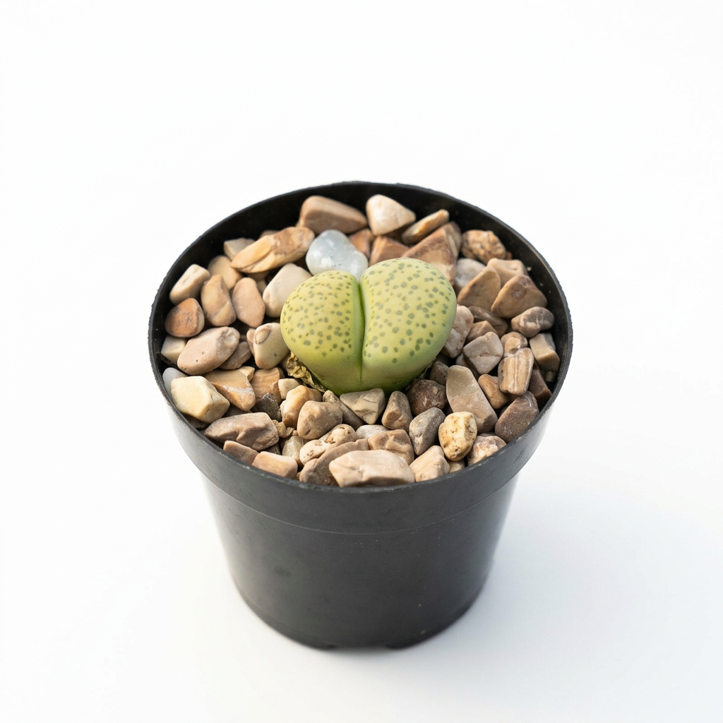One pale green speckled Lithops fulviceps Aurea head with two lobes in a black 2-inch nursery pot with gravel on white.