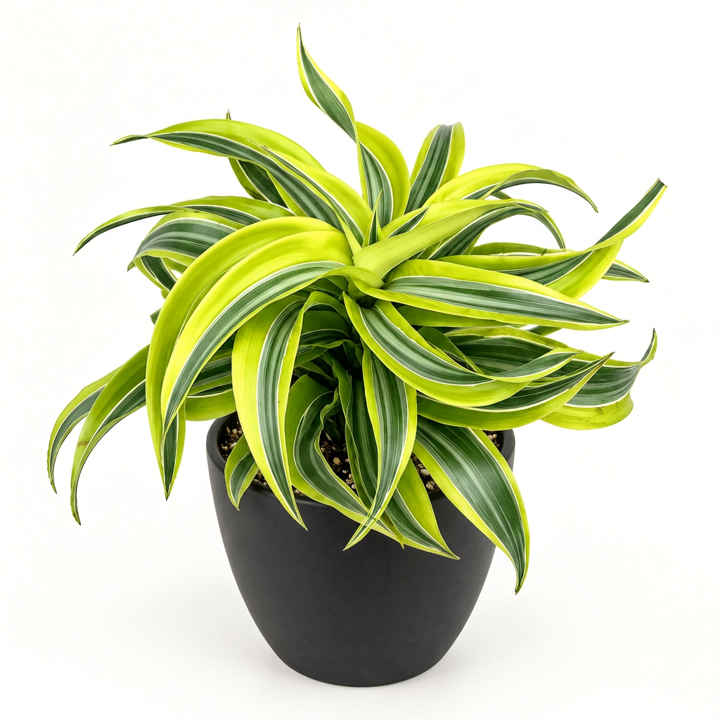 Young Dracaena Lemon Surprise with arching lemon-yellow and green striped leaves styled in a black BASEL 4.7-inch planter; decorative planter sold separately, plant ships in a 4-inch nursery grow pot