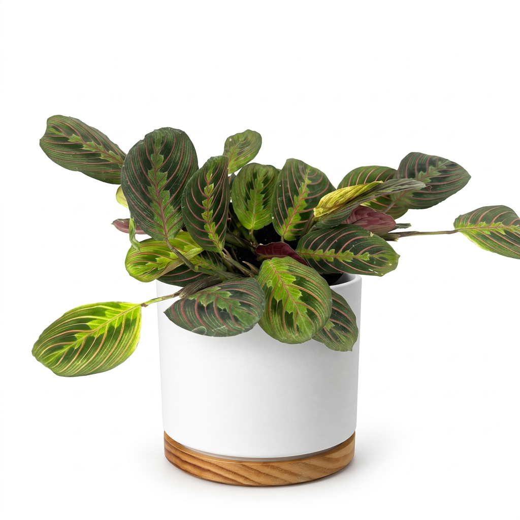 Red Prayer Plant styled in a white OSLO planter against white; decorative planter sold separately