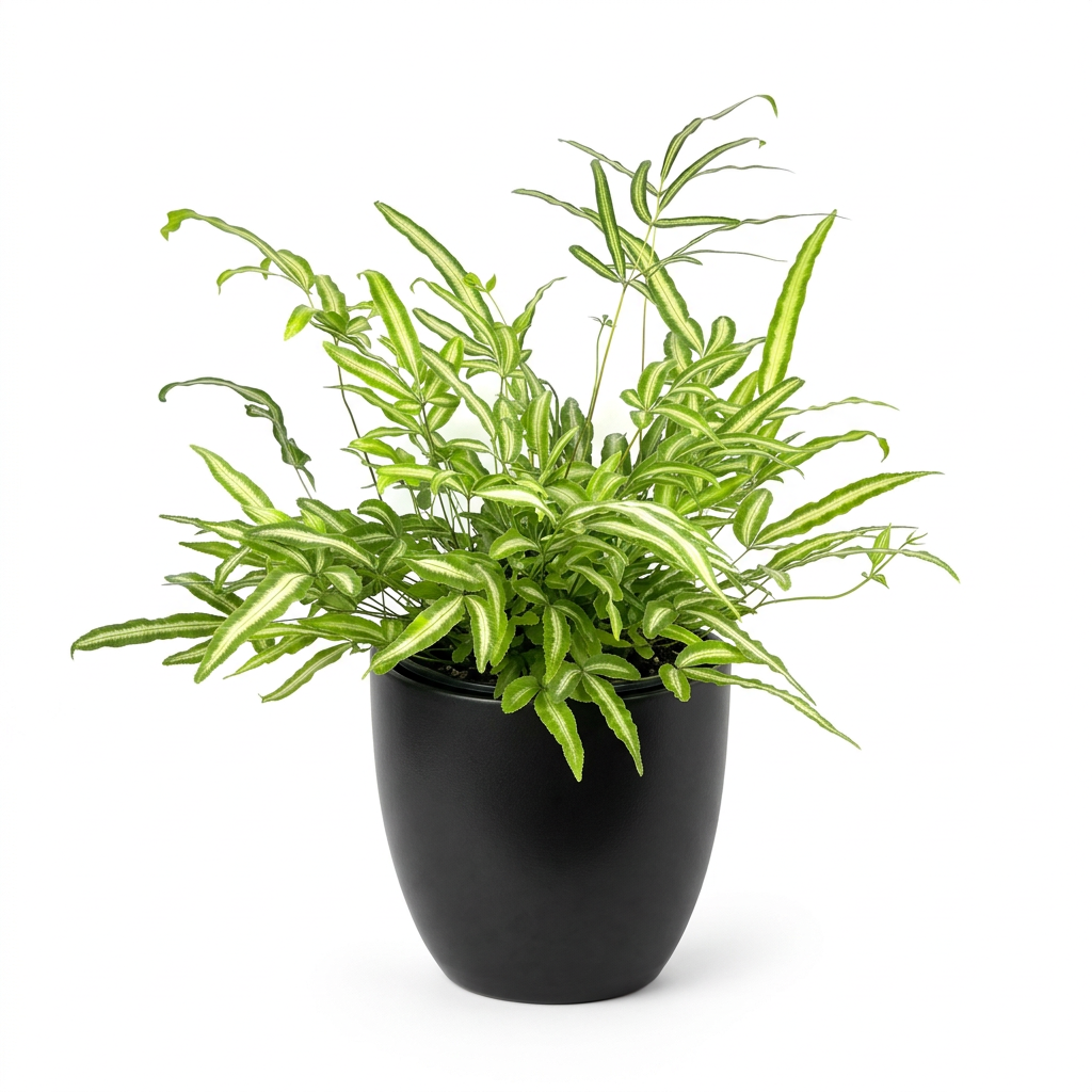Pteris Albo fern styled in a black BASEL planter against a white background; decorative planter sold separately