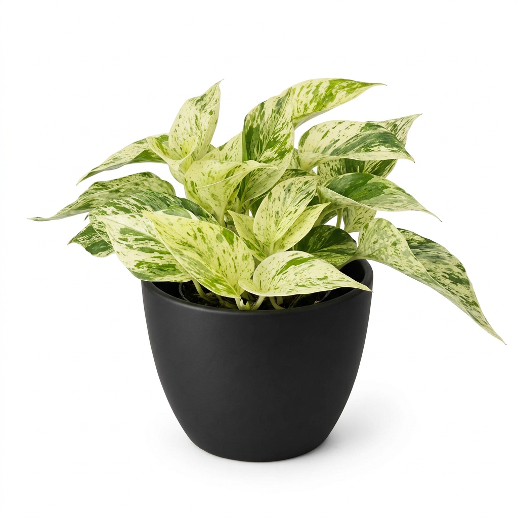 Snow Queen Pothos styled in a black BASEL planter on a white background; decorative planter sold separately
