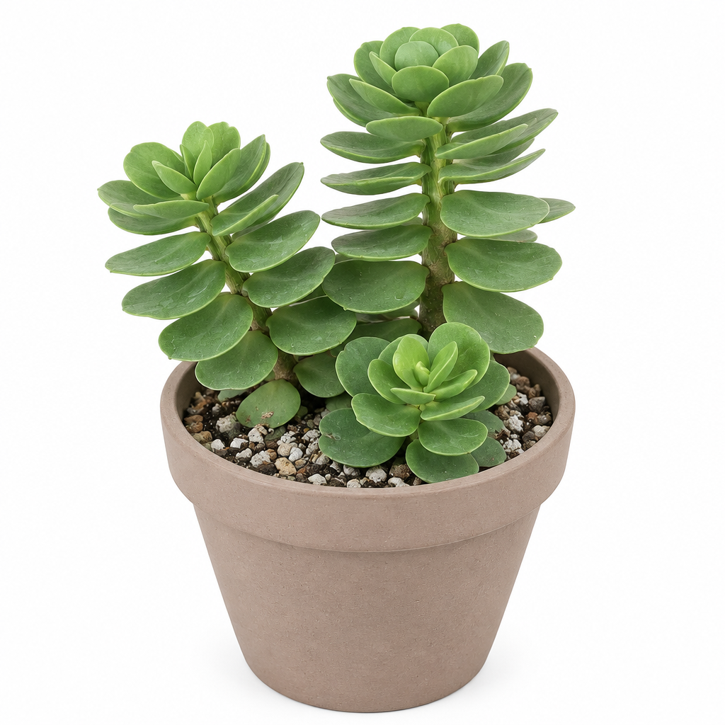 Portulaca molokiniensis in a taupe terracotta pot on white