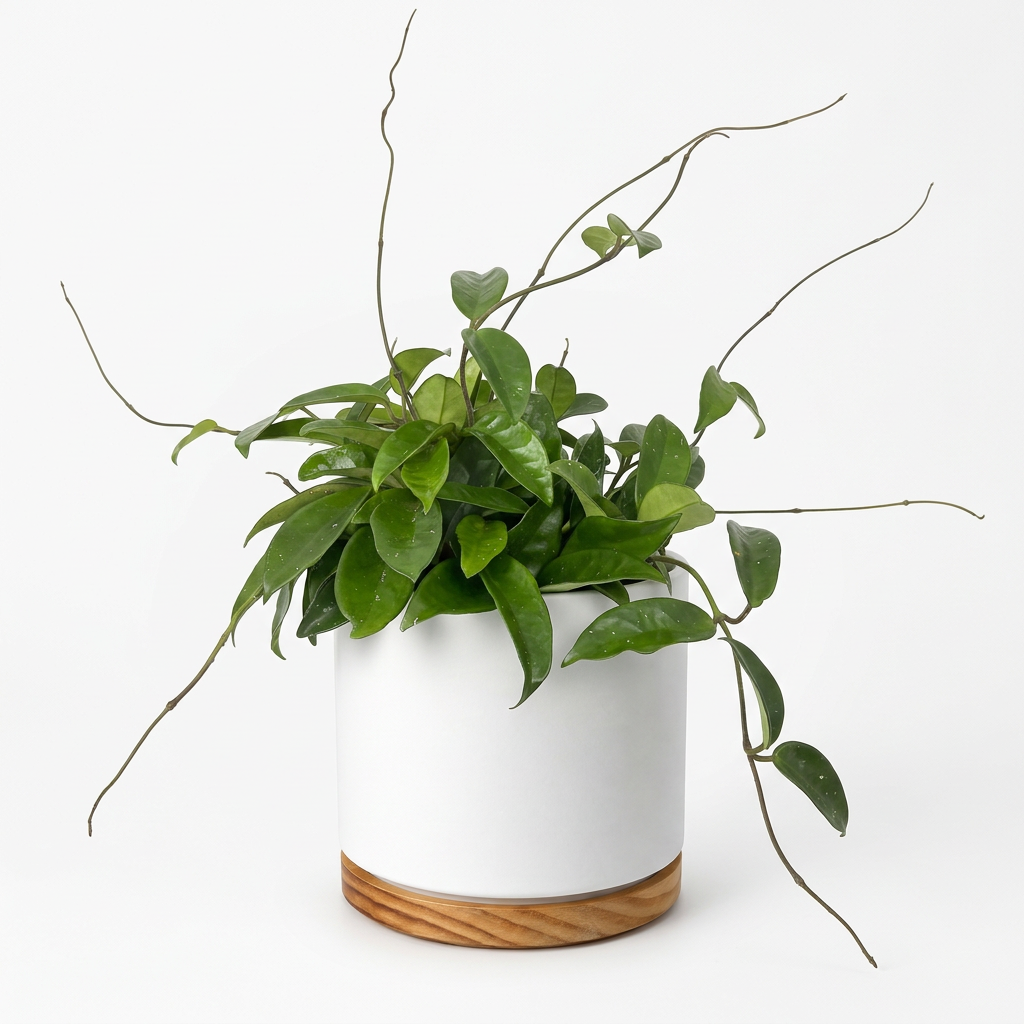 Hoya carnosa styled in a white six-inch OSLO planter with wood-grain base; plant and decorative planter sold separately.