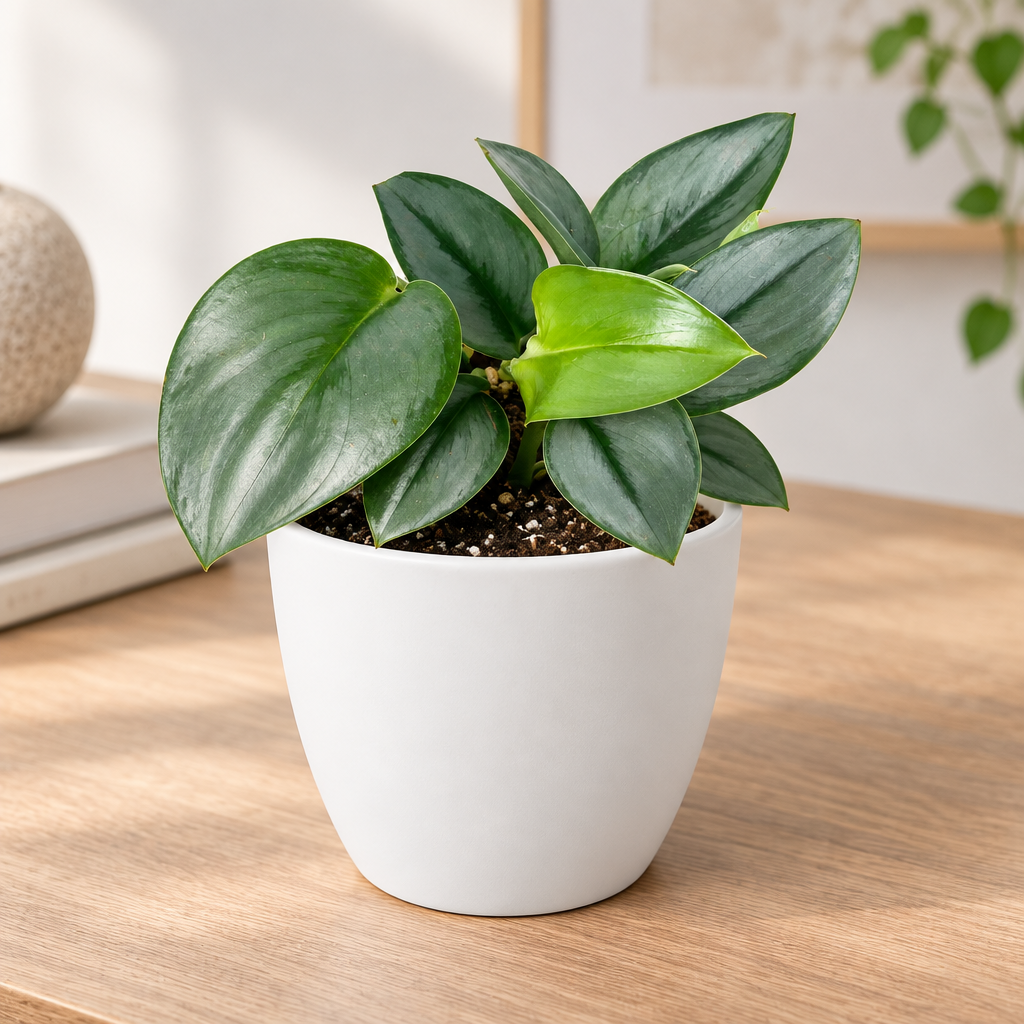 Scindapsus treubii Moonlight styled in white Basel 4.7-inch planter, sold separately