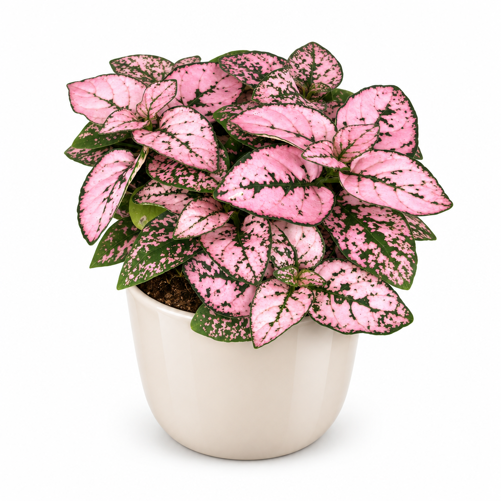 Rose Splash pink polka dot plant styled in a separate ivory cover pot on white