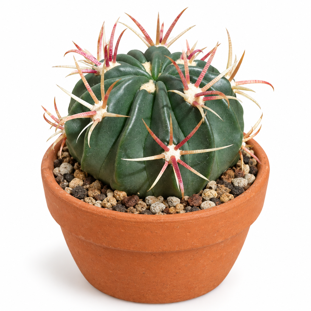 Devil’s Tongue Barrel Cactus directly planted in warm terracotta on white