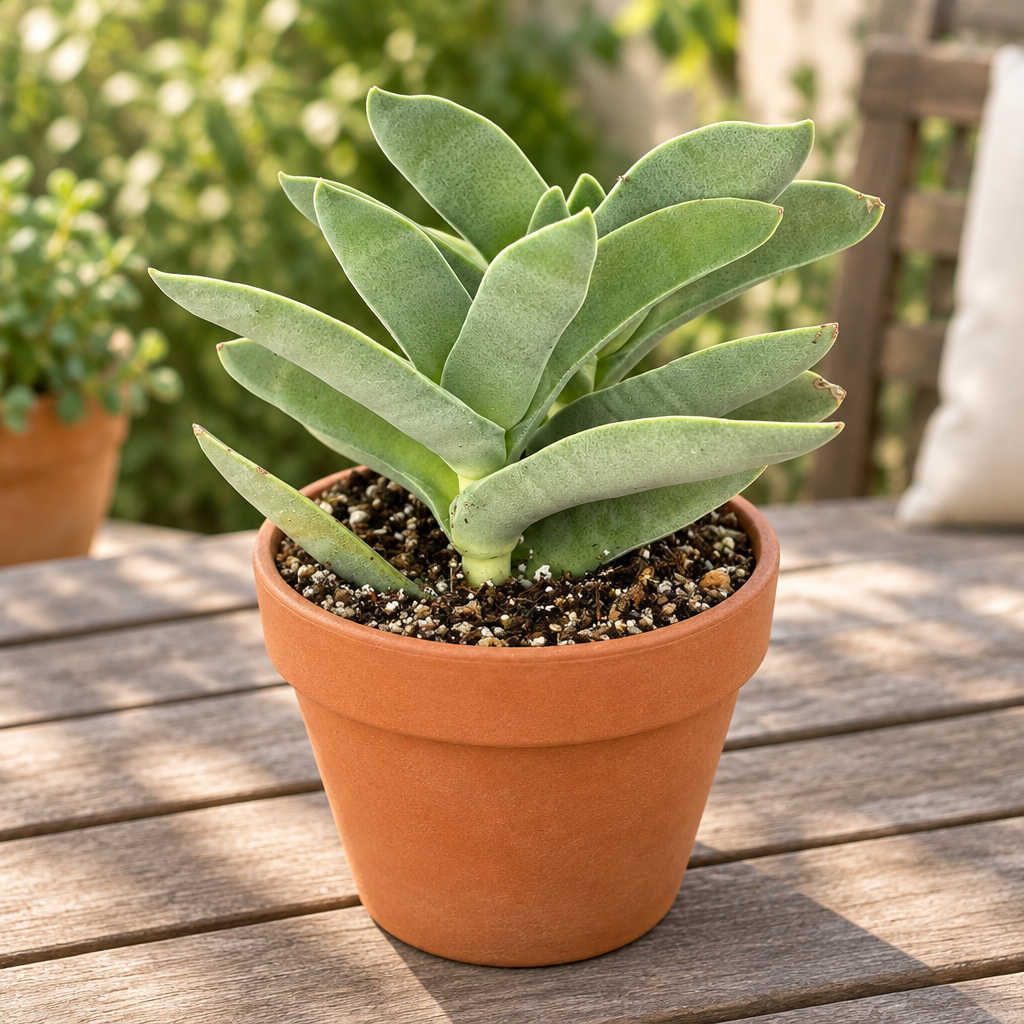 Propeller Succulent in terracotta pot on patio table; decorative pot not included