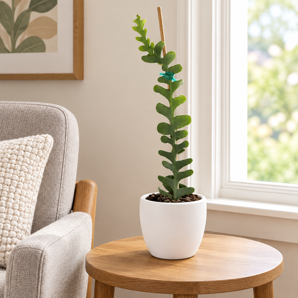 Staked giant fishbone cactus styled in separately sold white Basel planter on living room table