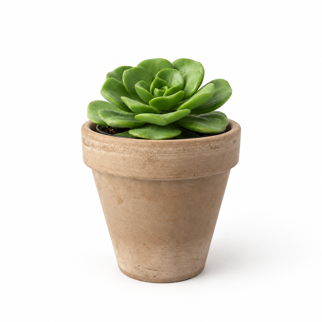 Aeonium ‘Lily Pad’ succulent with chunky green rosette in a taupe terracotta pot on white
