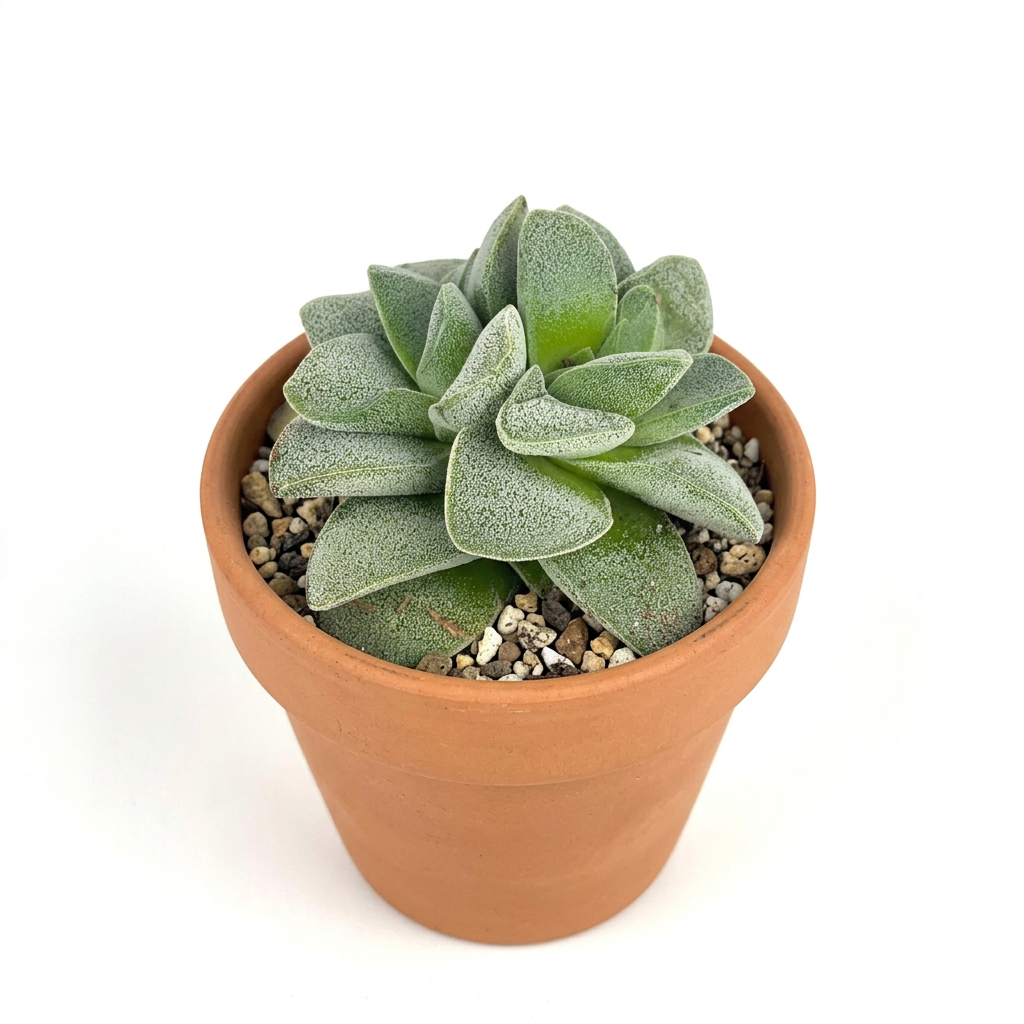 Small Crassula Morgan’s Beauty styled in a terracotta pot on a white studio background; decorative pot sold separately