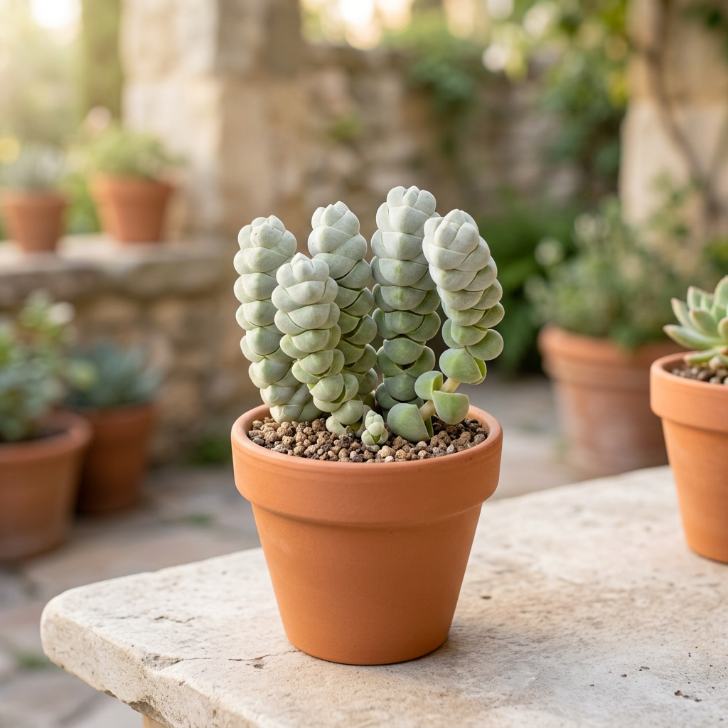 Crassula plegmatoides styled in a terracotta pot on a sheltered outdoor patio; decorative pot and styling accessories sold separately