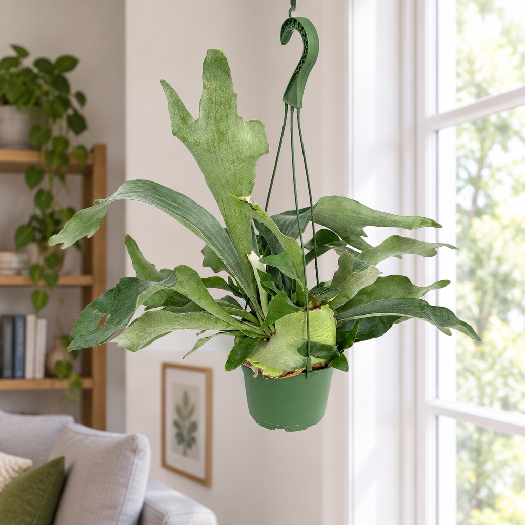 Netherlands staghorn fern in 6-inch hanging nursery pot near bright window