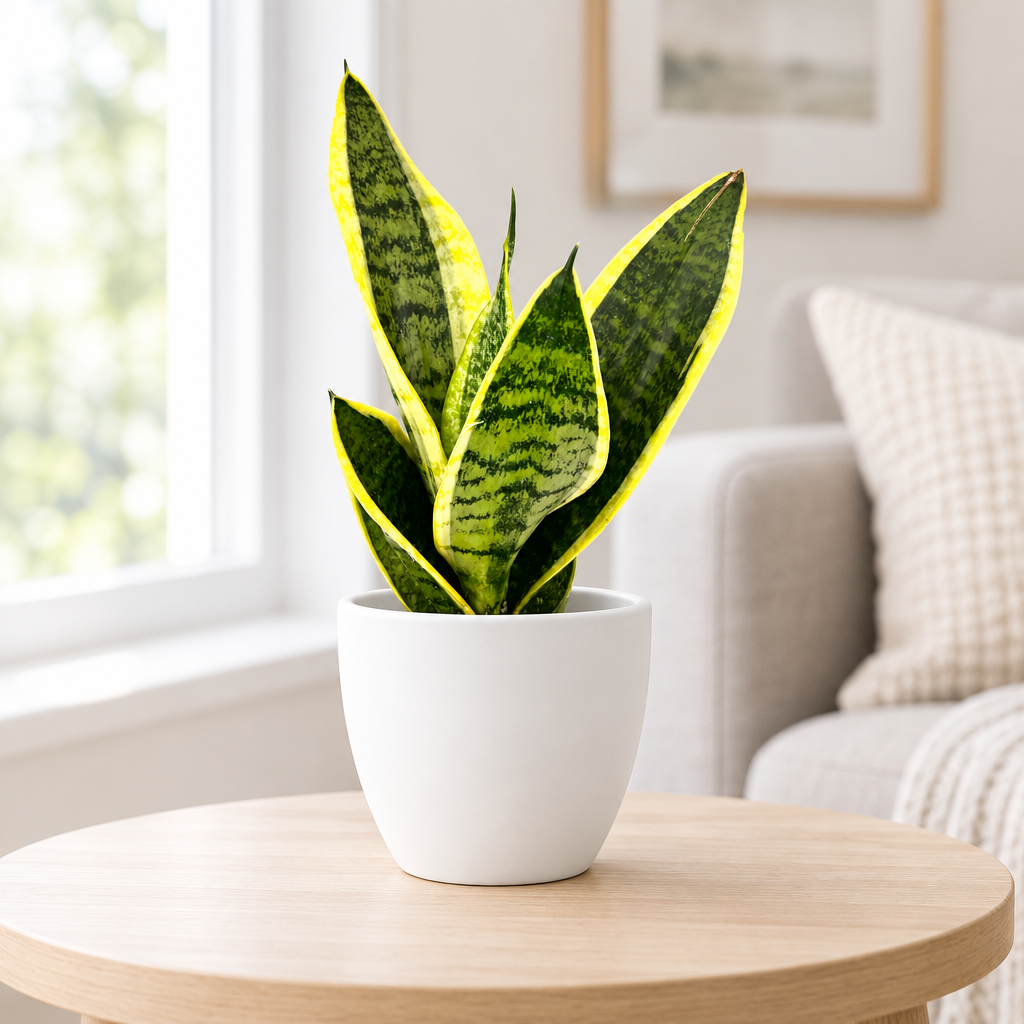 Sansevieria Futura Superba styled indoors in a white BASEL 4.7-inch planter; planter sold separately