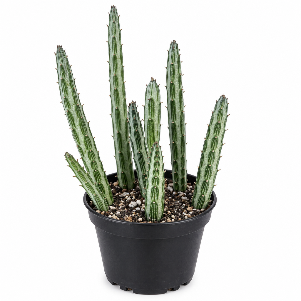 Pickle Plant with striped upright stems in a black grow pot on white